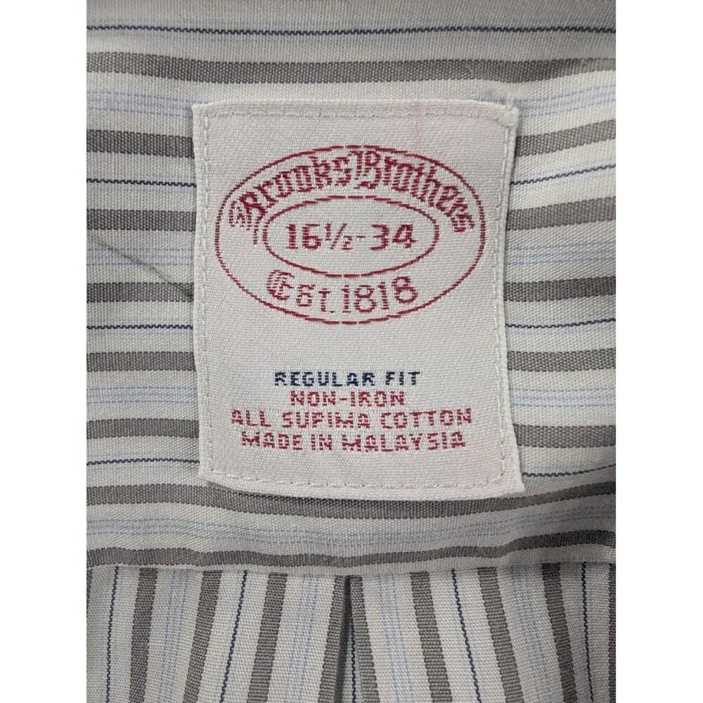 Brooks Brothers Shirt Mens 16.5 34 Blue Gray Striped Regular Fit Non Iron Supima - Picture 7 of 9